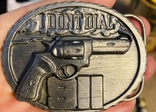 VINTAGE 1995  I DON'T DIAL 911  GUN PEWTER SISKIYOU BELT BUCKLE