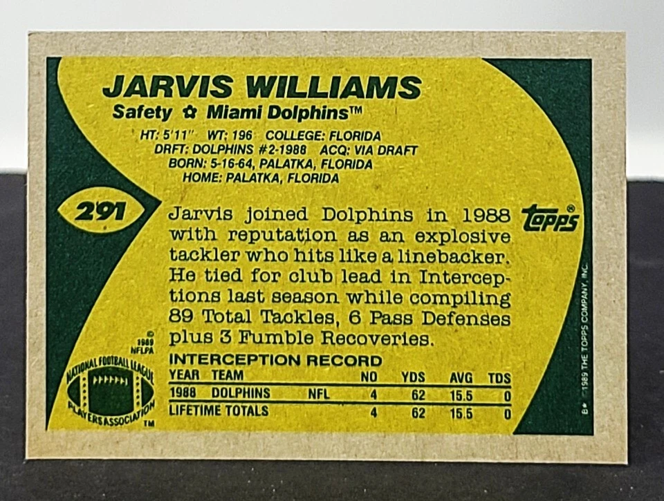 JARVIS WILLIAMS Signed Autograph 1989 Topps Football Card RC #291 Miami Dolphins - Image 2 of 2