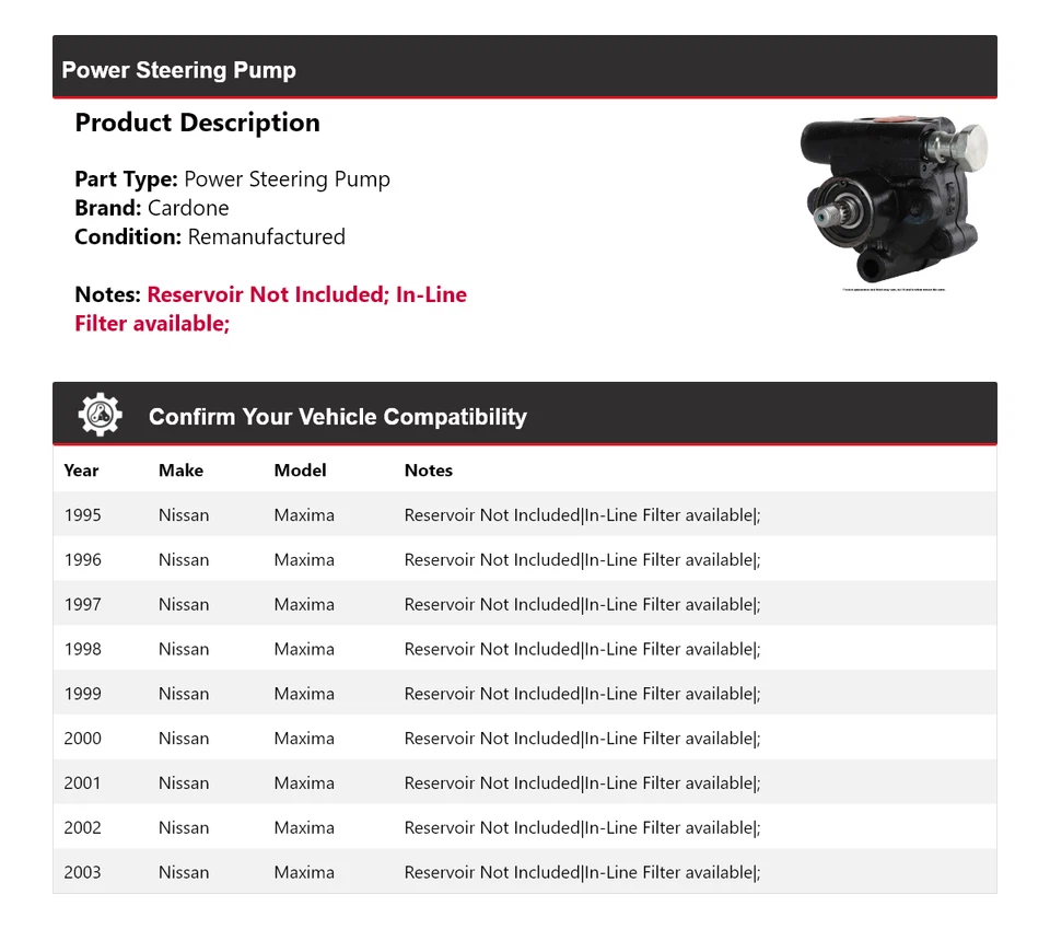 Bomba de dirección asistida Cardone para Nissan Máxima 1995-2003 1996 1997 1998 1999 2000 Foto 2 de 4
