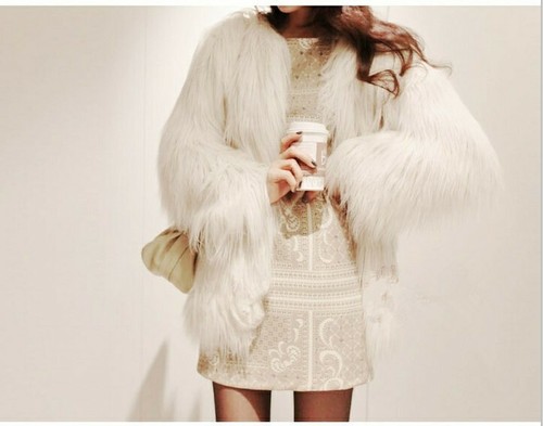 Womens Korean Fashion White Faux Fur 