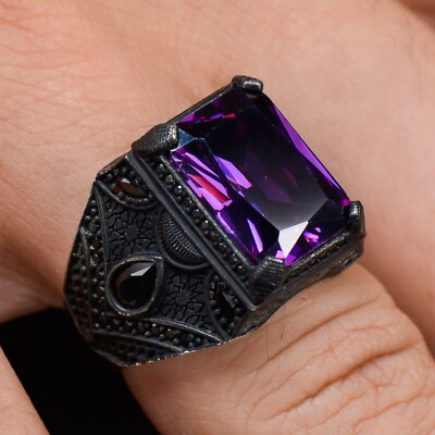 Handmade Genuine Natural Ametist Amethyst Vintage 925 Sterling Silver Men  Ring