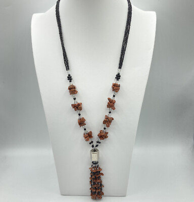 Vintage Teng Yue Goldstone Chip Double Strand Bead Tassel Necklace Boho 28'' Long