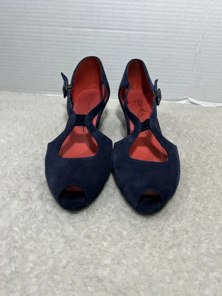 Sandalia de cuña Pas De Rouge para mujer talla 38,5 EE. UU. 8 azul marino gamuza Mary Jane punta abierta. Foto 2 de 4