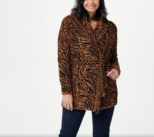 CozyChic Zebra Fringe Cardigan Sweater 