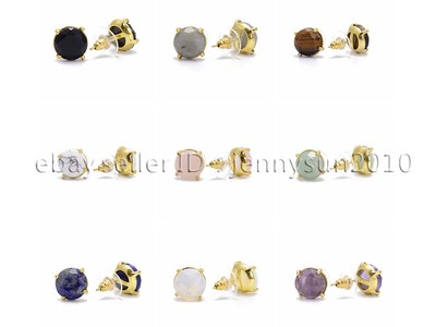 Natural Gemstone Faceted Round Reiki Chakra Gold Plated Earrings Studs
