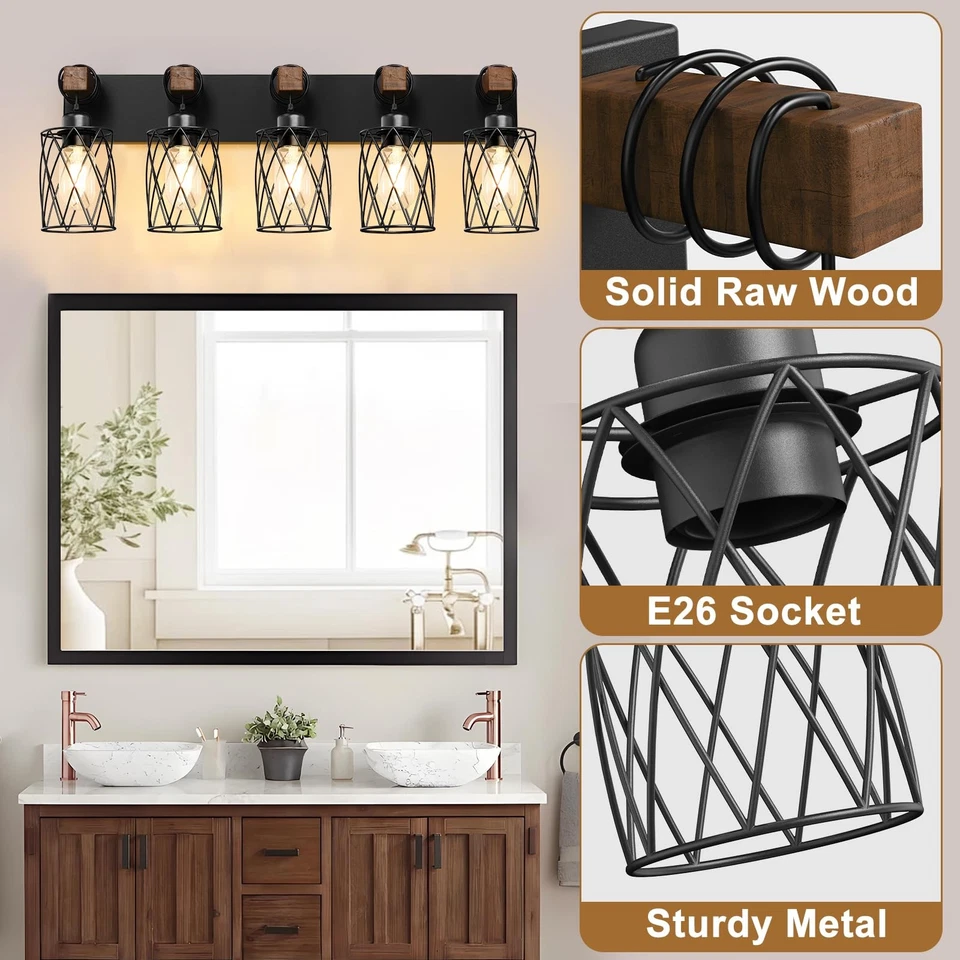 Lámpara de tocador de baño de granja, lámpara de baño de madera de 5 luces más de... Foto 2 de 4