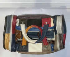 Vintage Patchwork Genuine Leather Duffel Satchel Bag Multicolor Retro Boho