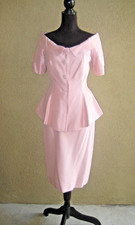 Vintage pink 2-piece decorative pearl button tiered pleat top skirt outfit set 6