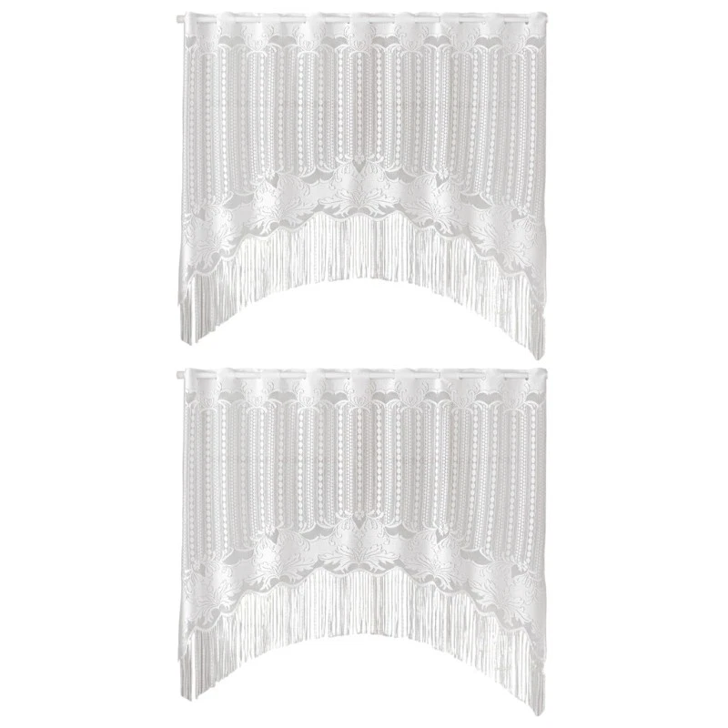 White Lace Half Curtain Long Fringe Window Valance for Modern Home Light Control