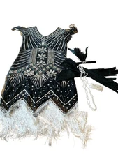 Women's XL Black Silver Sequin Fringe Flapper Dress & Accessory Set
