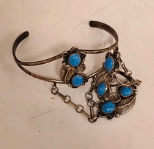 Native American Southwestern Turquoise Silver Cuff Slave Bracelet With Ring