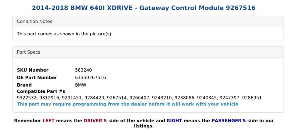 BMW 640I XDRIVE 2014-2018 - Módulo de control de puerta de enlace 9267516 Foto 3 de 3