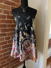 Boho Paisley Strapless Mini Dress Black Smocked Top Festival Style S/M