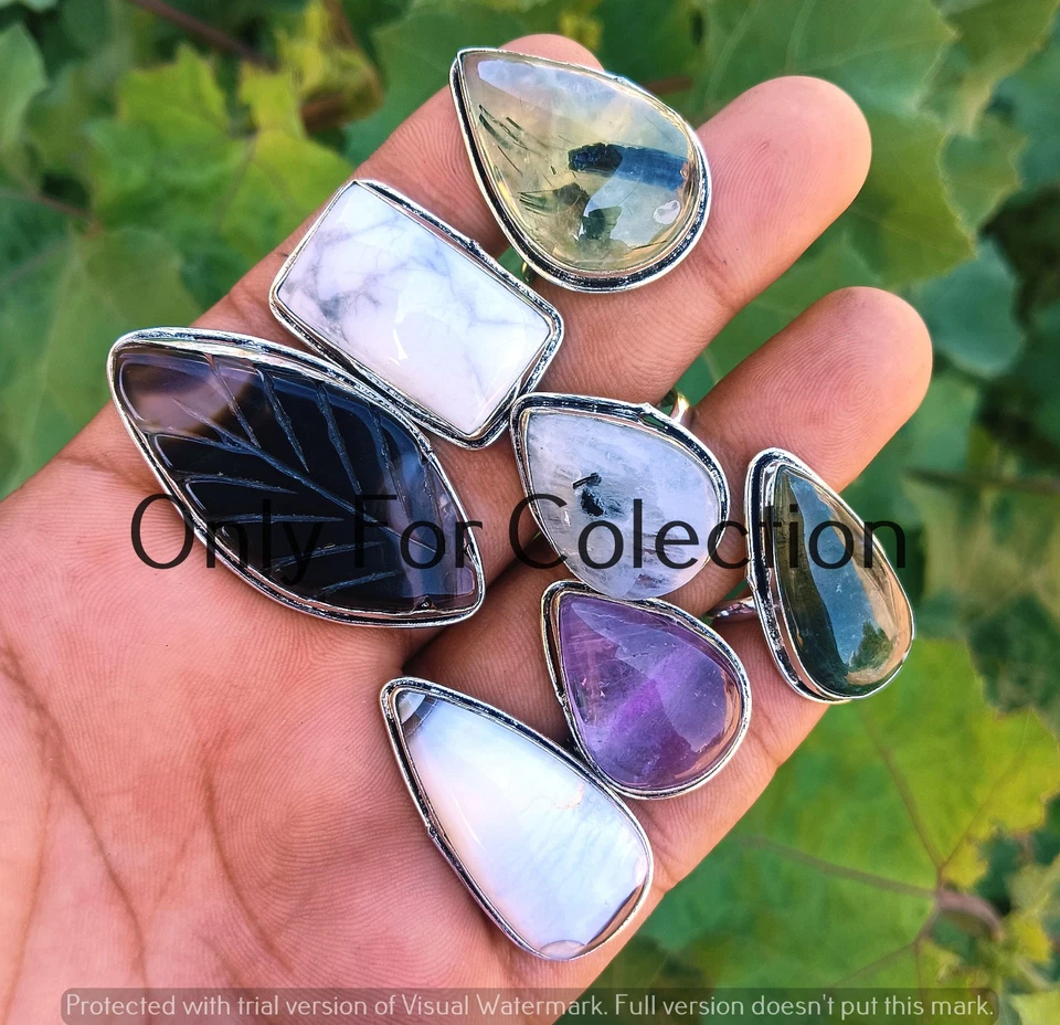 Lote de anéis de pedras preciosas folheados a prata esterlina 925 Prehnite & Mix - Imagem 2 de 2