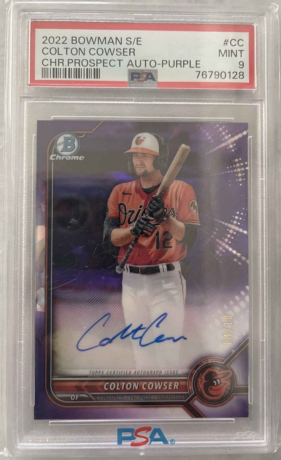 2022 Bowman Chrome Sapphire Prospect on-card Auto Colton Cowser 4/10 psa 9 pop2