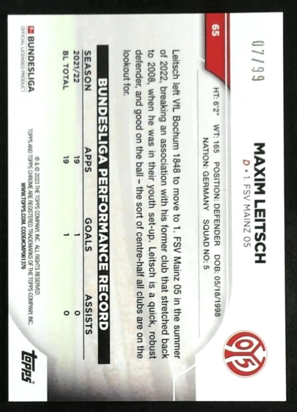 2022-23 Topps Chrome Bundesliga Maxim Leitsch #65 1. FSV Mainz 05 /99 Green Wave - Image 2 of 2