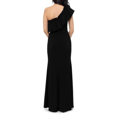 aqua one shoulder ruffle dress AQUA One Shoulder Ruffle Crepe Gown - Exclusive