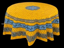 French Marat Avignon Coated Tablecloth Flowers Round 90.5" Made in France