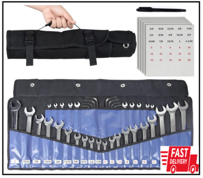 Wrench Roll up Pouch Bag 30 Pocket Tool Organizer Holder W SAE & Metric Labels