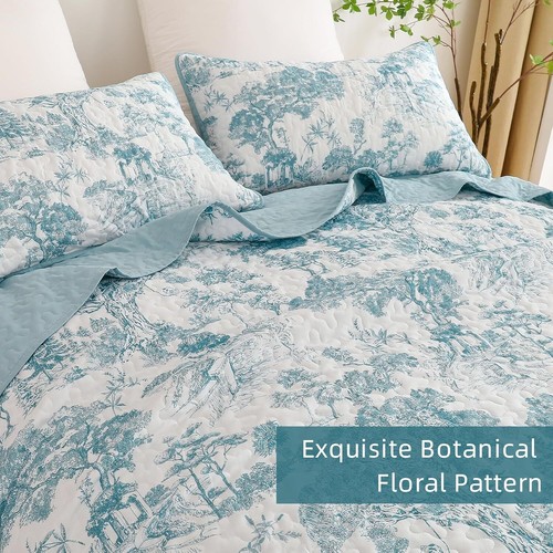 WONGS Queen 3-Pc Botanical Quilt Set-Toile Floral Microfiber Coverlet All Season - Picture 60 of 103