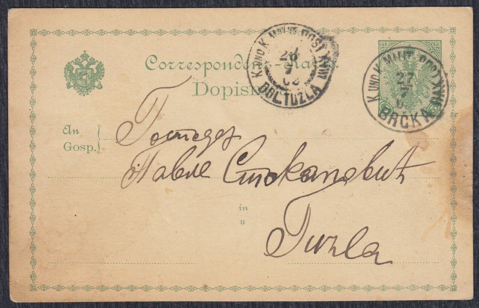 Austria K.u.K. Bosnia 1902 Postal stationery sent from Brcko to Dol. Tuzla