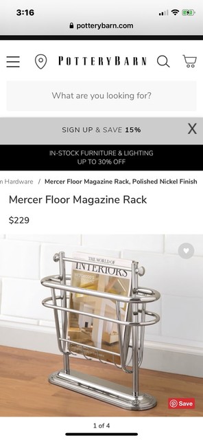 Pottery Barn Mercer Floor Magazine Rack Polished Nickel For Sale