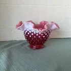 Fenton Art Glass Cranberry Opalescent Hobnail Bowl 4" Tall,  6.5" Diameter