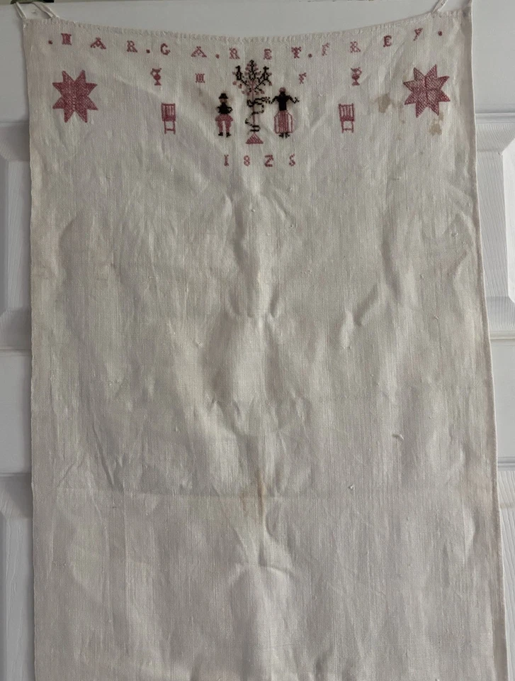 Show Towel 1825 Adam & Eve Sampler American Needlework Linen Sampler Folk Art  - Image 2 of 4