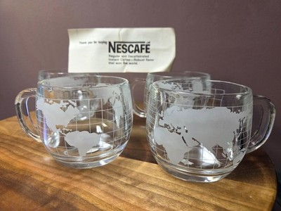 Vintage Nescafe World Globe Frosted Glass Coffee Mugs Cups - Set of 4