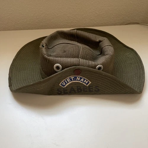 Vintage Military Cowboy Style Vietnam Seabees Bush Cap Green Militaria