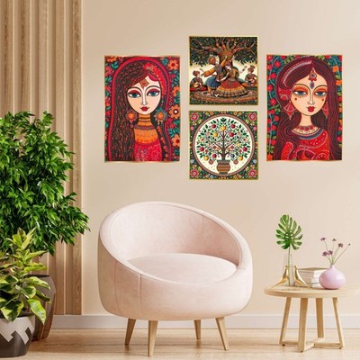 Madhubani Indian Folk Art Wall Decor Set of 4 Traditional Women & Radha Krishna