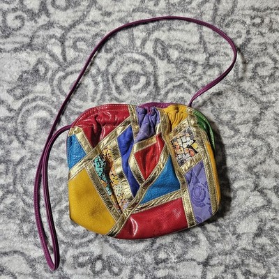 Vintage Patchwork Leather Multi Color Textured Hinged Open Gold Detail Crossbody