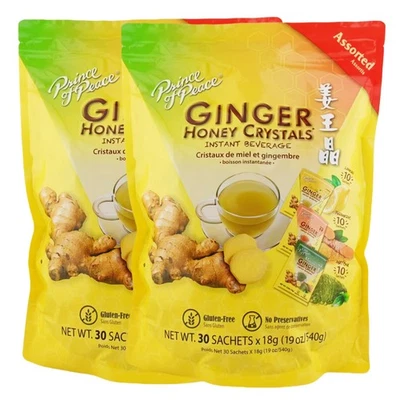 PRINCE OF PEACE Pack of 2 Assorted Ginger Tea Instant Ginger Honey Crystals, 30 Sachets