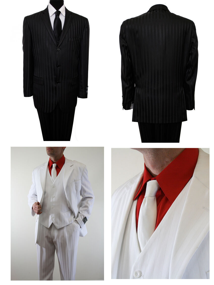 Men's Pinstripe Classic Fit Suit 3 Piece 3 Button Shadow Notch Lapel Gangster