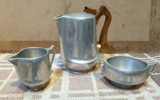 1950s Picquot Ware Aluminium Tea Set 3 Pc Coffee Tea Pot Milk Jug Sugar Bowl