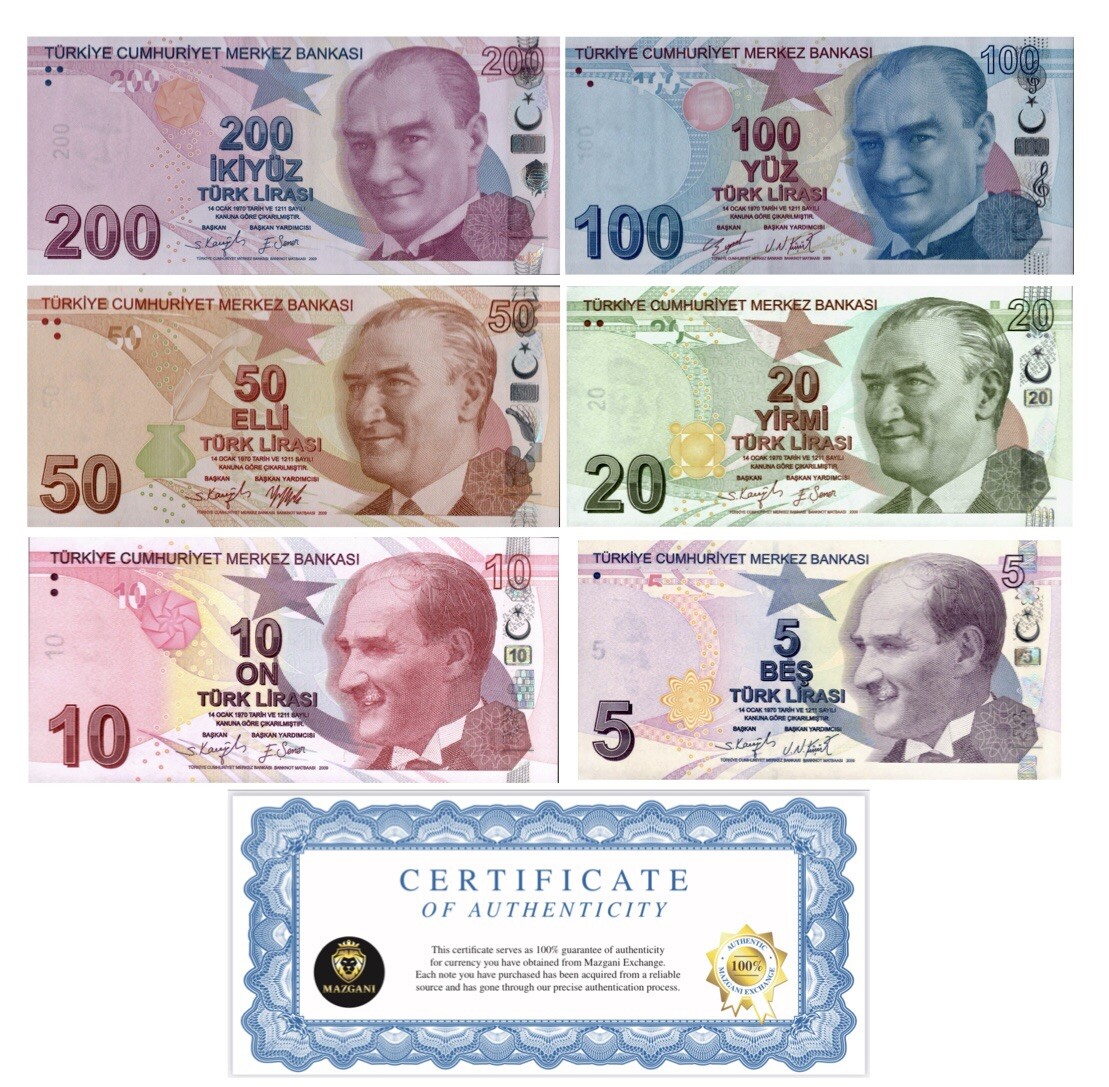 Turkey 200, 100, 50, 20, 10, 5 Lira Banknote 6 Pcs SET 2009 (2020) ND, UNC  NEW