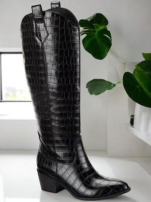 Sun + Stone Womens Dollyy Croc Texture Block Heel Knee High Black Size 6M NIB