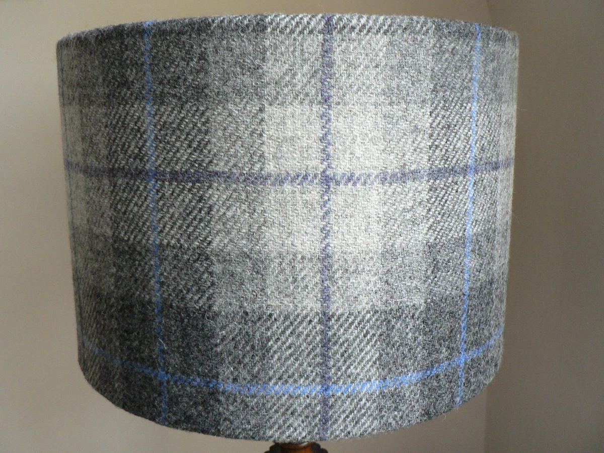 Handmade Harris Tweed Drum Lampshade in Grey and Blue Tartan