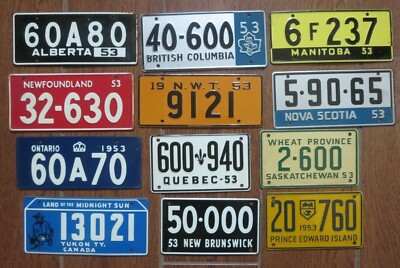 1953 Wheaties Canada Mini Metal Bike License Plate Alberta Quebec Yukon Ontario
