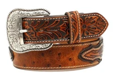 Ariat Western Mens Belt Leather Ostrich Overlay Conchos Brown -4402