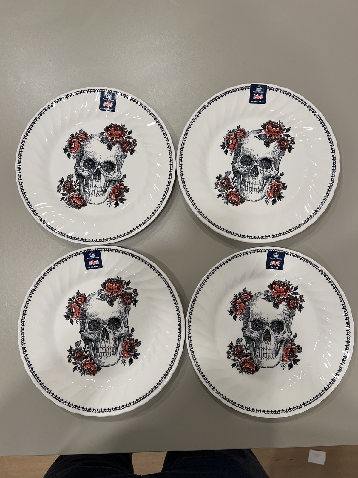 Royal Wessex Floral Skull Roses Dinner Plates Set of 4 for Halloween