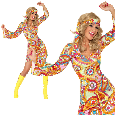 60s 70s Hippy Chick Lady Costume Psychedelic Hippie Fancy Dress