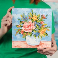 Vivid Bunch Of Flowers In Vase Oil Painting Original - 8x8 Impasto Colorful