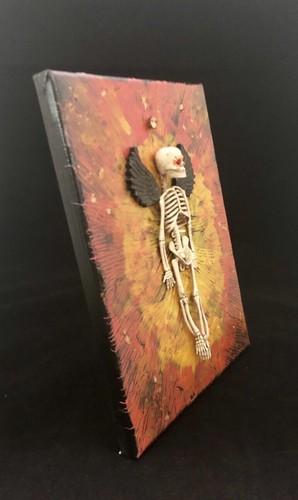 Dia De Los Muertos Skeleton Fire Mixed Media Canvas Art 9" X 12" - Picture 2 of 5