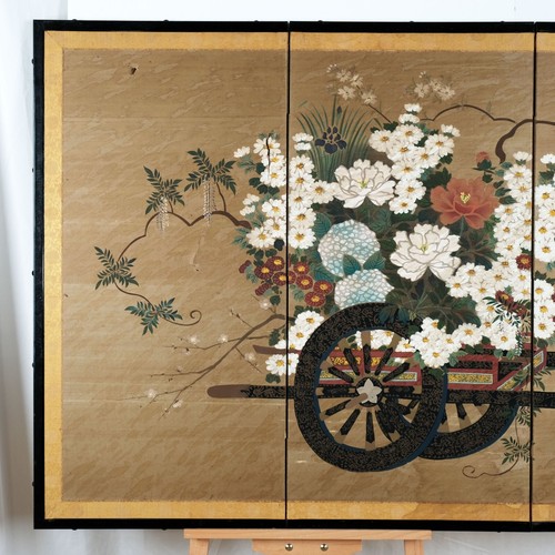 Carrello a fiori giapponese Byobu a 4 pannelli firmato a mano e dipinto schermo pieghevole in perfette condizioni + - Foto 3 di 12