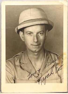 Handsome Man Biting his Lip in Pith Hat Vintage Snapshot Photo 1940s