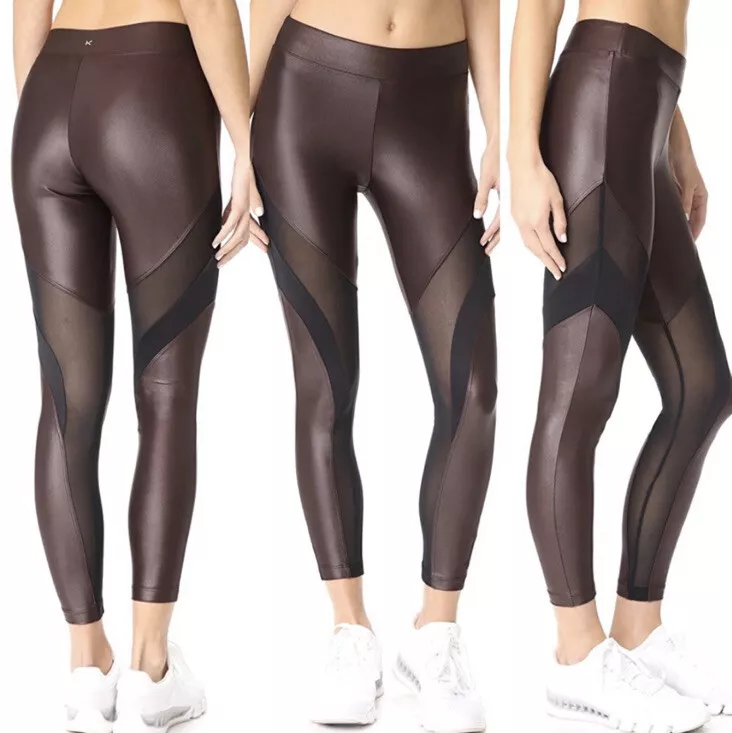 Koral Frame High Rise Lustrous Leggings Chocolate Brown With Black Mesh  Size: S