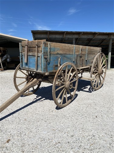 Horse Drawn Farm Wagon, Vintage Blue Wood Hay Wagon, Steel Rim Wheels, Primitive