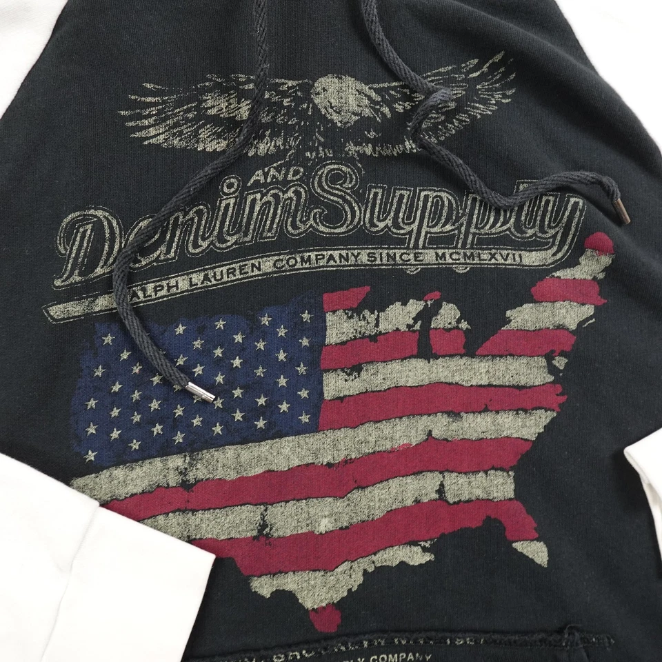 Moletom Ralph Lauren com capuz masculino XL preto logotipo bandeira dos EUA denim suprimento pulôver - Imagem 2 de 4