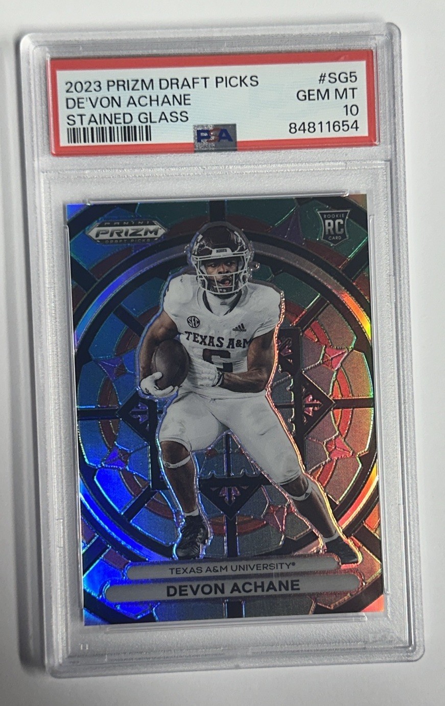 2023 Panini Prizm Draft Picks Stained Glass De’von Achane Rookie #SG-5 PSA 10